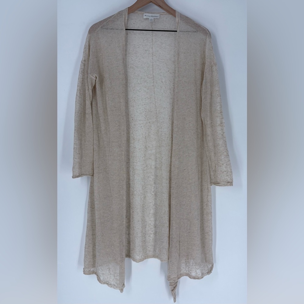 White + Warren Beige Linen Blend Long Cardigan